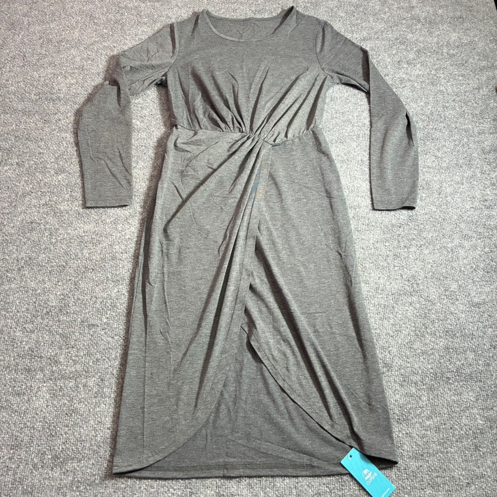 Cupshe Midi Dress Womens XS‎ Grey Twist Front Wrap Heathered Long Sleeve NEW